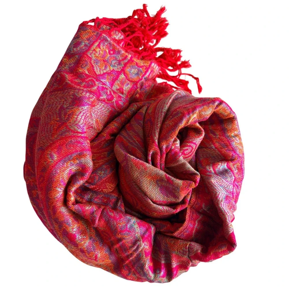 90% Cashmere 10% Silk Paisley Pashmina Shawl Scarf Pink Red Fringe